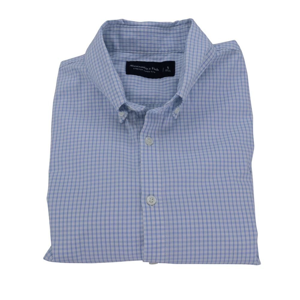 Abercrombie & Fitch Mens Super‎ Slim Stretch Shirt Blue White Micro Check Small
